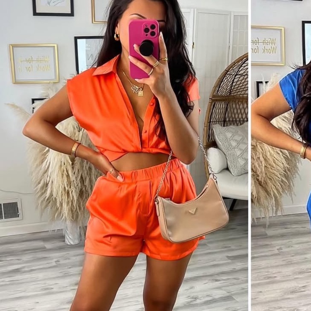 Orange silk tank top and short set